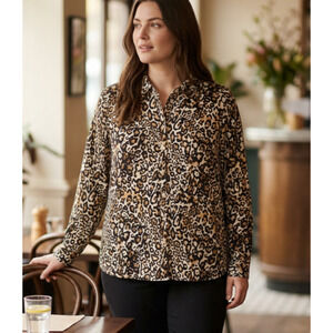 Talbots Leopard Print Shirt Petite XL Button Front Cotton Long Sleeve Blouse